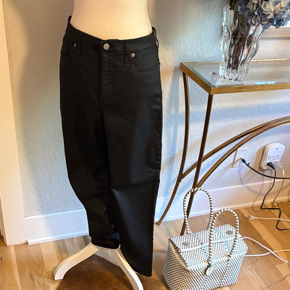 Banana Republic black coated denim straight leg, five pocket jeans